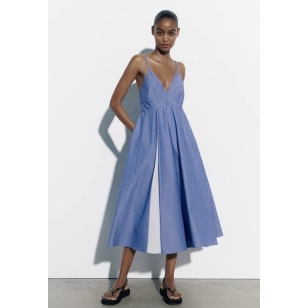 Zara Striped Poplin Dress Blue White Sz Lg Sleeveless Midi Pocket 2567/369